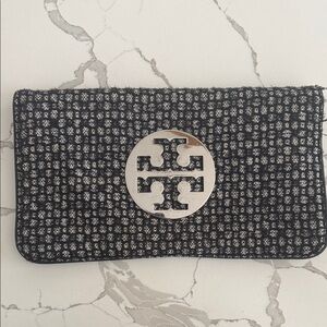 Tory Burch Tweed Black and Silver Clutch